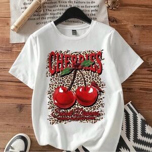 White T-Shirt with Cherry Graphic